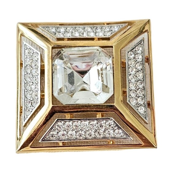 Jones New York Gold Tone Clear Rhinestone Square Open Brooch, Signed L357 - Picture 2 of 8